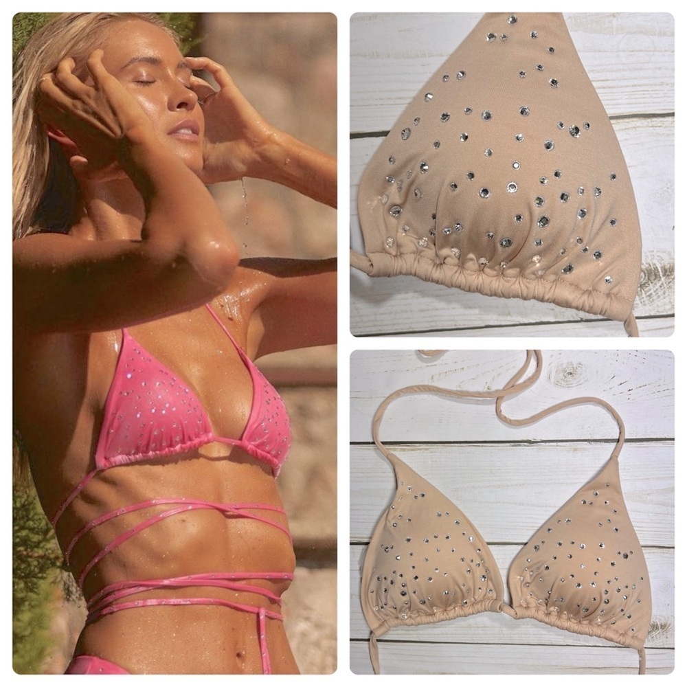 Monica Hansen | Halter Neck Triangle Criss Cross Bikini
Top Crystals In Nude